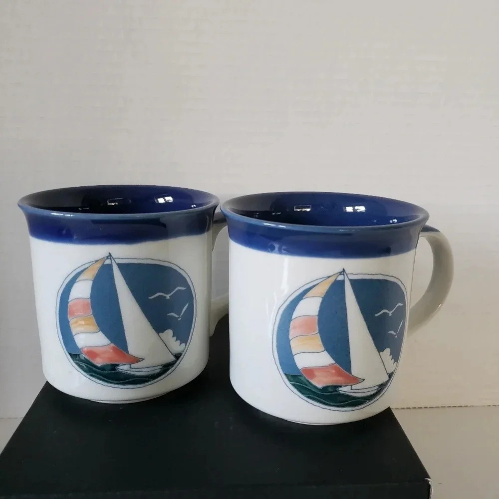 Vintage set of 2  Nautical Blue/White Otigiri Coffee Mugs.